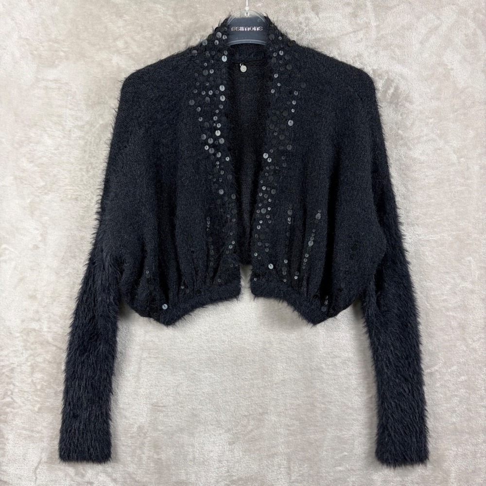 Knitted & Knotted Anthropologie Black Fuzzy Sequin Bolero Shrug XS Wool Blend